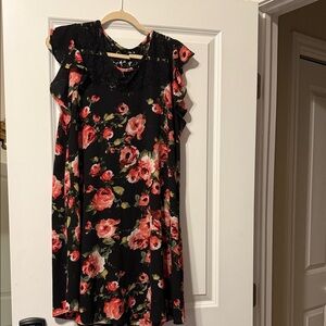 Uncle Frank Black Midi Dress with Pink and Red Rose Print
